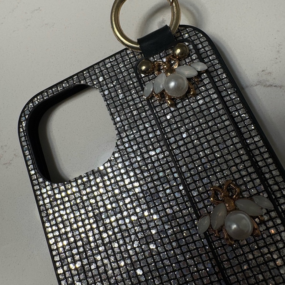 Iphone 14 max Sparkling Black Rhinestone Phone Case with Gold Ring and Pearl
